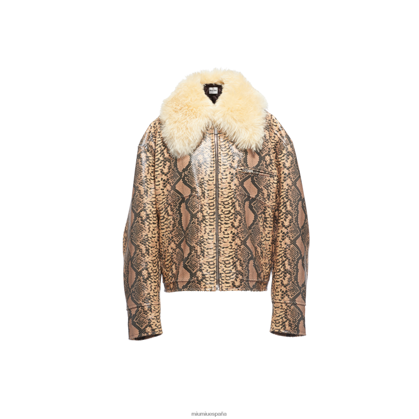 es Miu Miulisto para usar chamarra de cuero acolchada estampada marrón camello JPDFR8508