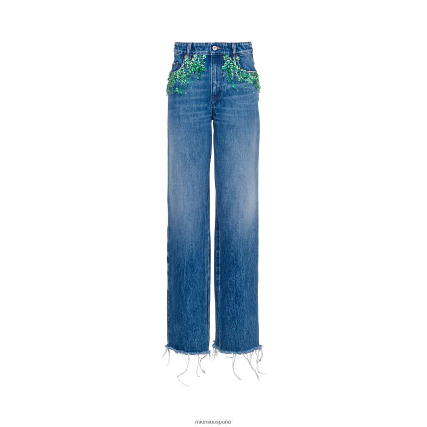 es Miu Miulisto para usar vaqueros con cinco bolsillos bordados azul claro/verde JPDFR8994