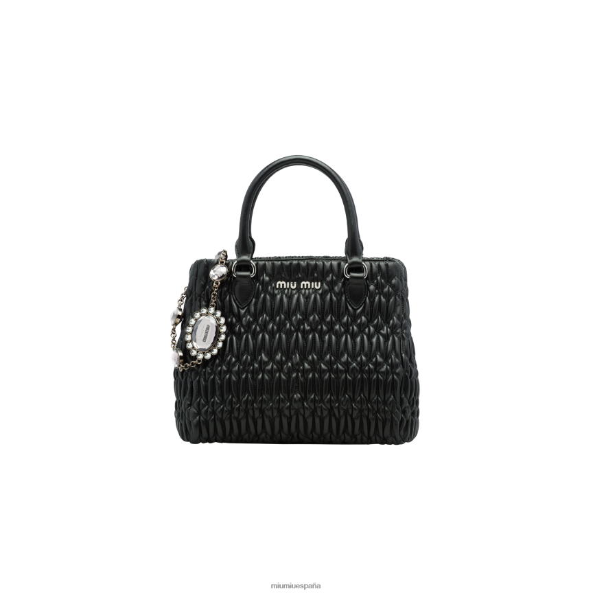 es Miu Miurecopilación bolso de mano de piel de napa con cierre de cristal negro JPDFR8158