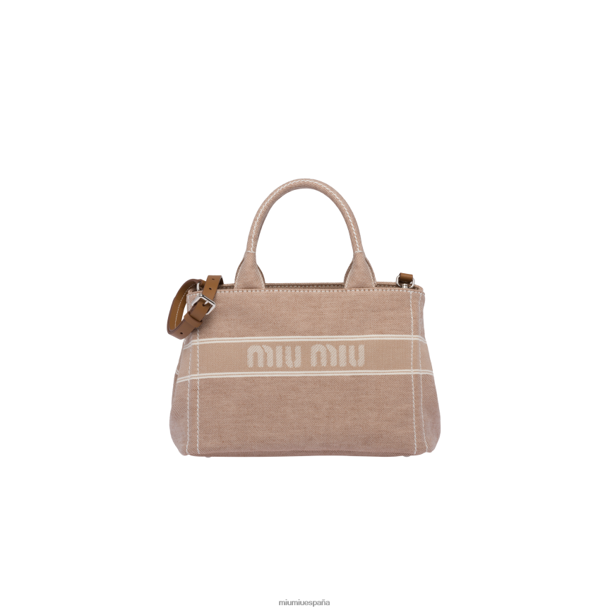 es Miu Miurecopilación bolso de mano de mezclilla con logo en jacquard marrón camello JPDFR8134