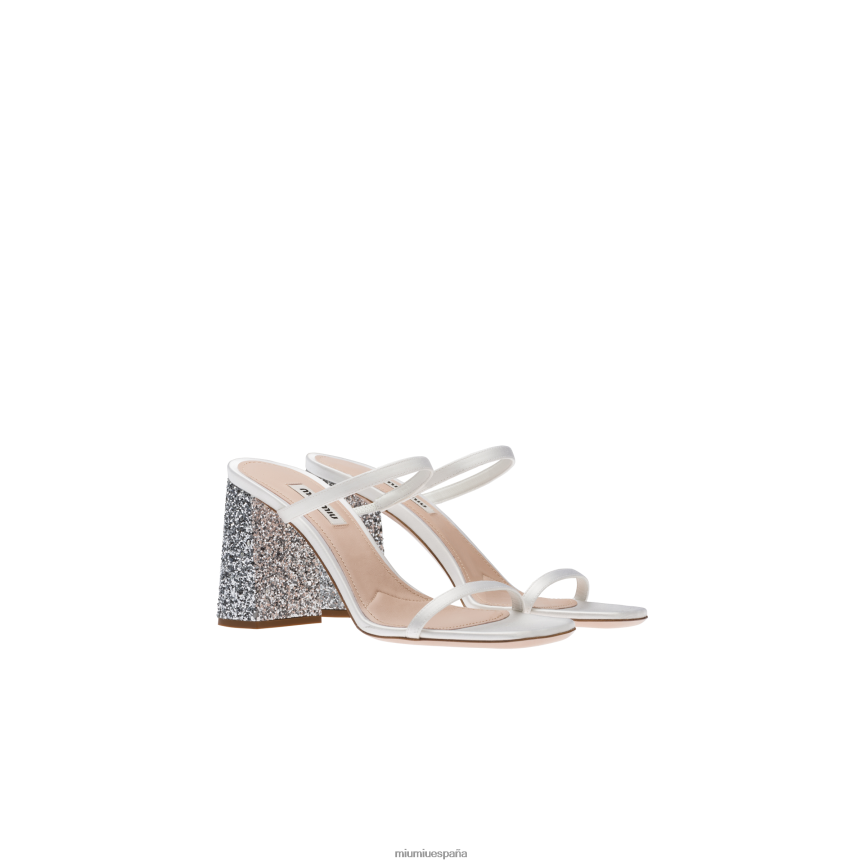 es Miu Miuzapatos chanclas de satén y purpurina plata blanca JPDFR8238
